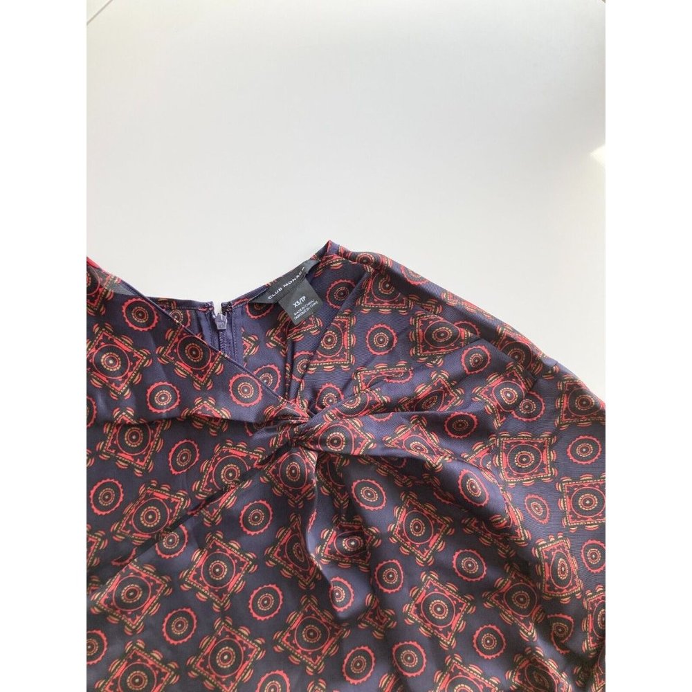 CLUB MONACO Navy Red Foulard Biscuit Print Twill Twist Front Blouse Top, Size XS - Picture 8 of 12